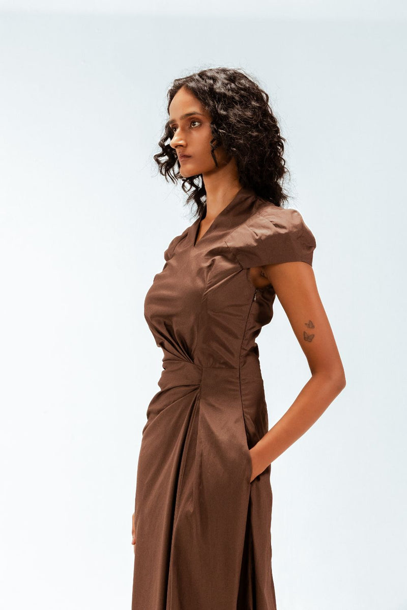 Elfie Draped Dress 100% cotton by Leh Studios in brown color for women Worldwide