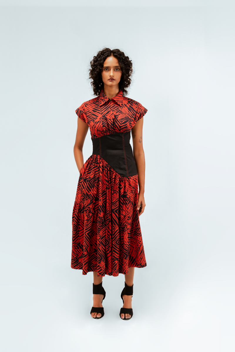 Florix Print Basque Tiered Dress 100% cotton by Leh Studios in multi color for women Worldwide