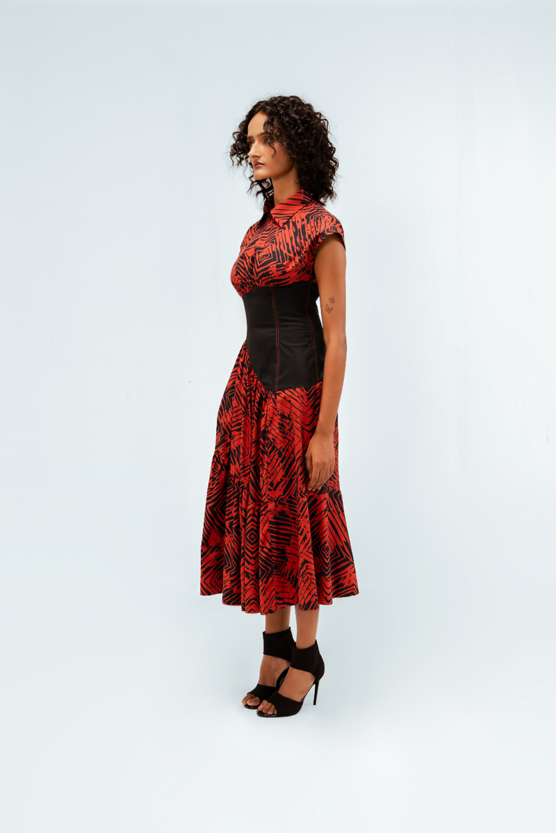 Florix Print Basque Tiered Dress 100% cotton by Leh Studios in multi color for women Worldwide