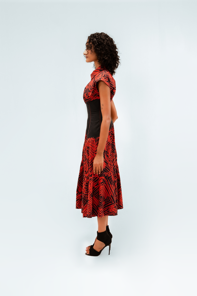 Florix Print Basque Tiered Dress 100% cotton by Leh Studios in multi color for women Worldwide