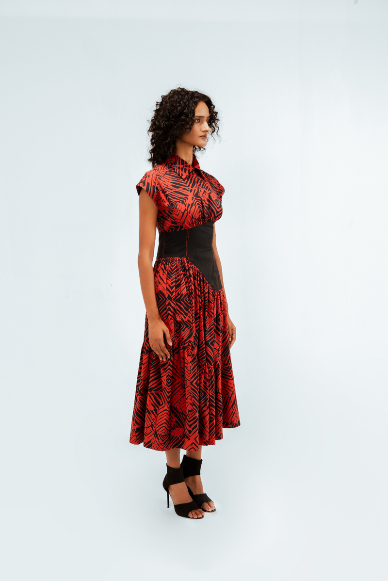 Florix Print Basque Tiered Dress 100% cotton by Leh Studios in multi color for women Worldwide