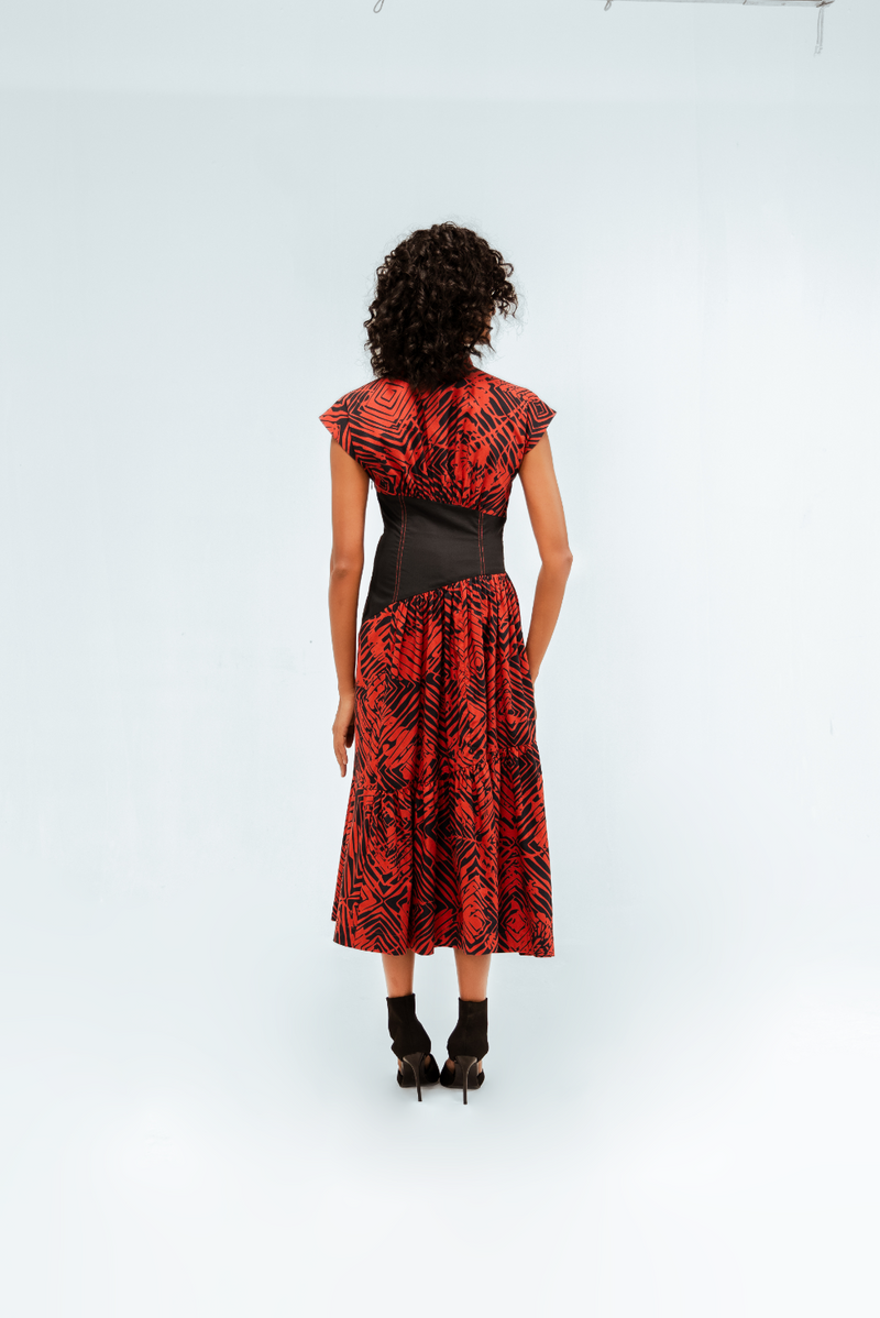 Florix Print Basque Tiered Dress 100% cotton by Leh Studios in multi color for women Worldwide