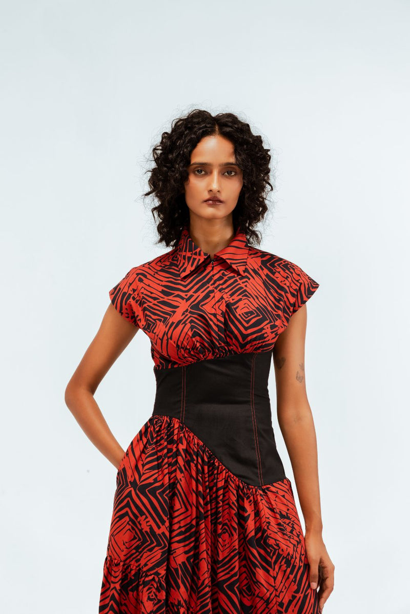 Florix Print Basque Tiered Dress 100% cotton by Leh Studios in multi color for women Worldwide