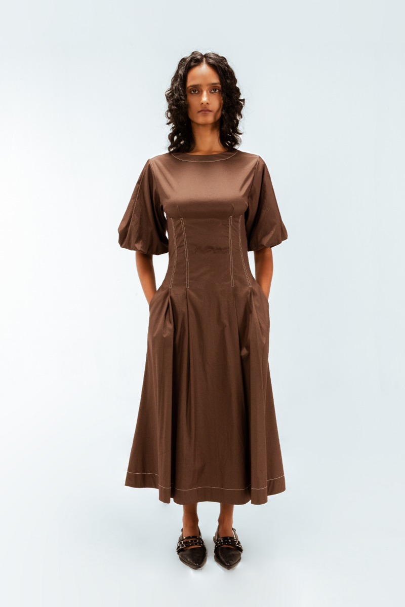 Uma Dress 100% cotton by Leh Studios in brown color for women Worldwide