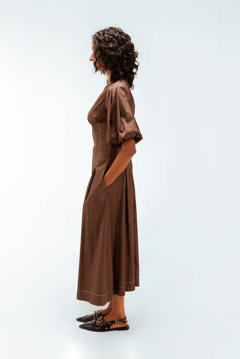 Uma Dress 100% cotton by Leh Studios in brown color for women Worldwide