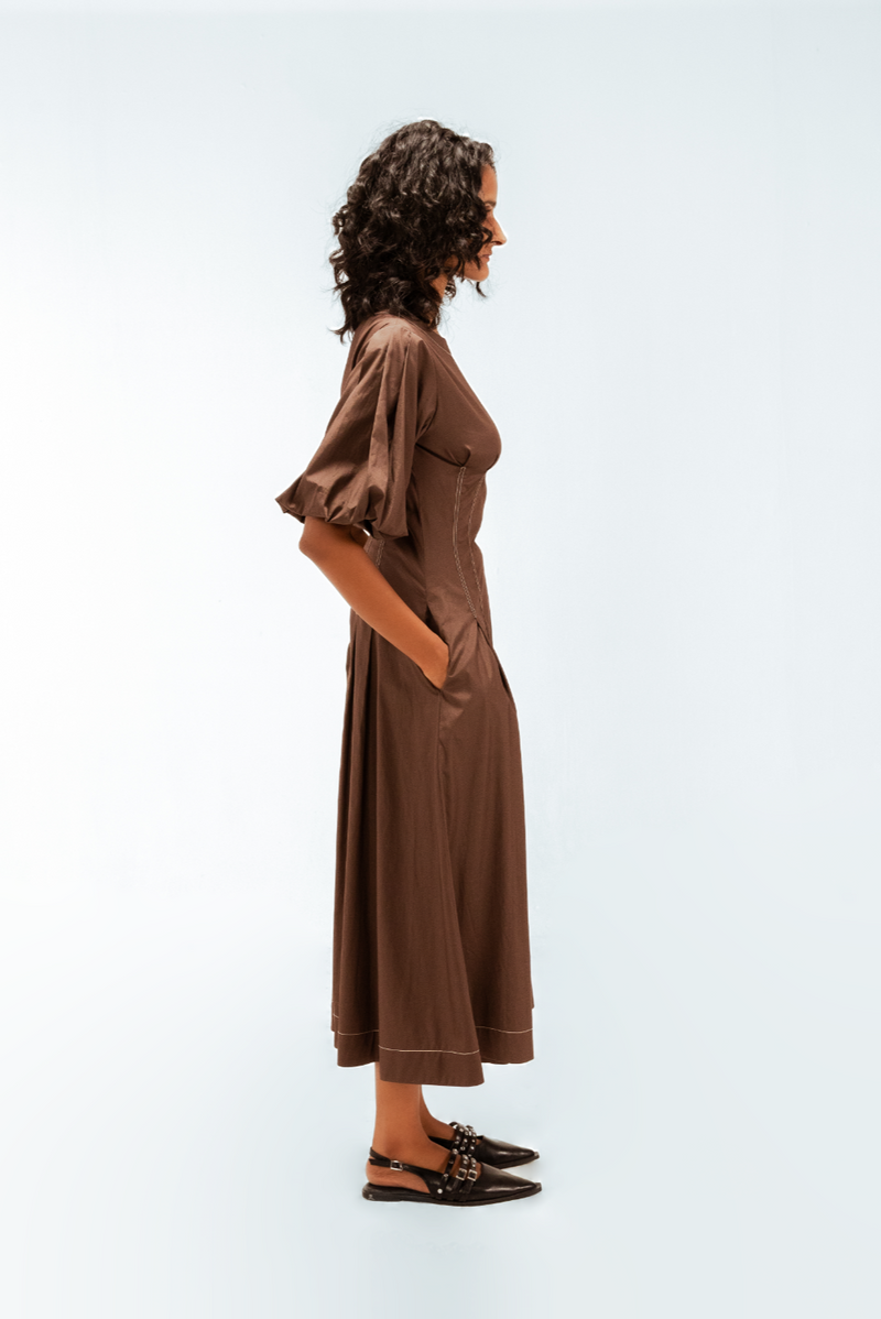 Uma Dress 100% cotton by Leh Studios in brown color for women Worldwide