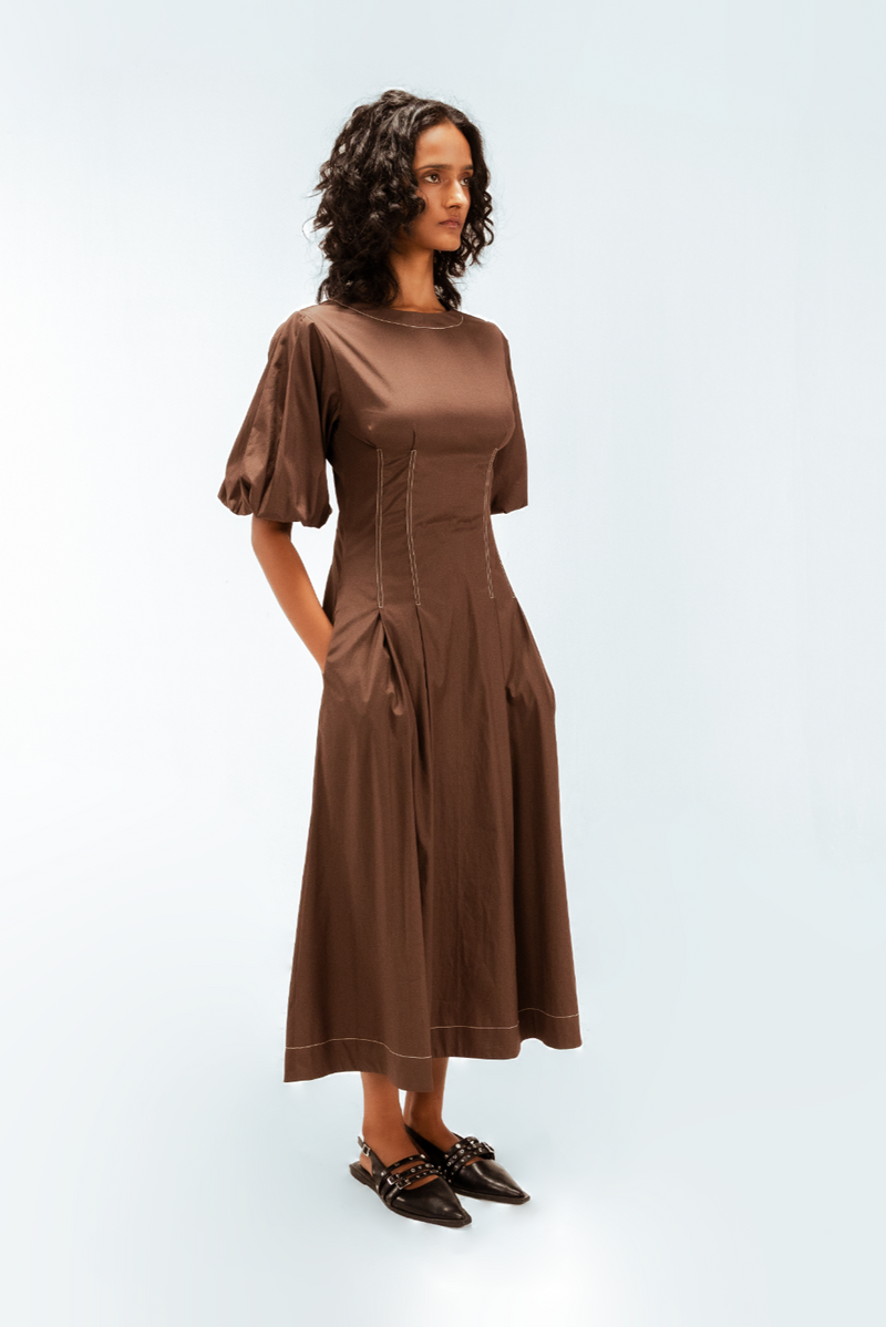 Uma Dress 100% cotton by Leh Studios in brown color for women Worldwide