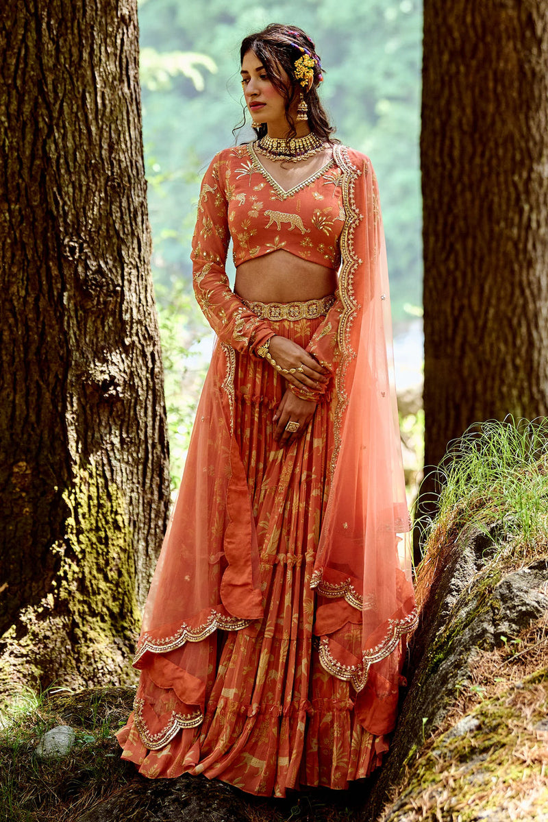 Lunar Lehenga Set georgettte by Paulmi & Harsh-kahan Sep'26 in orange for women Worldwide