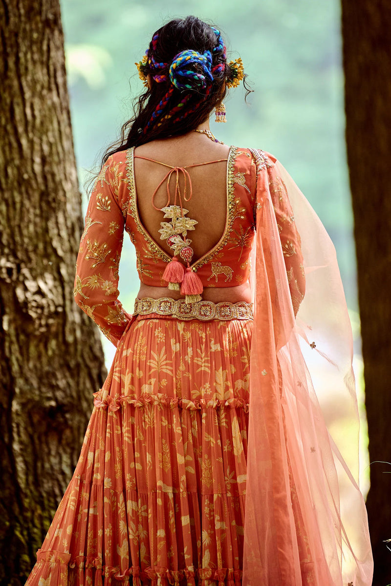Lunar Lehenga Set georgettte by Paulmi & Harsh-kahan Sep'26 in orange for women Worldwide