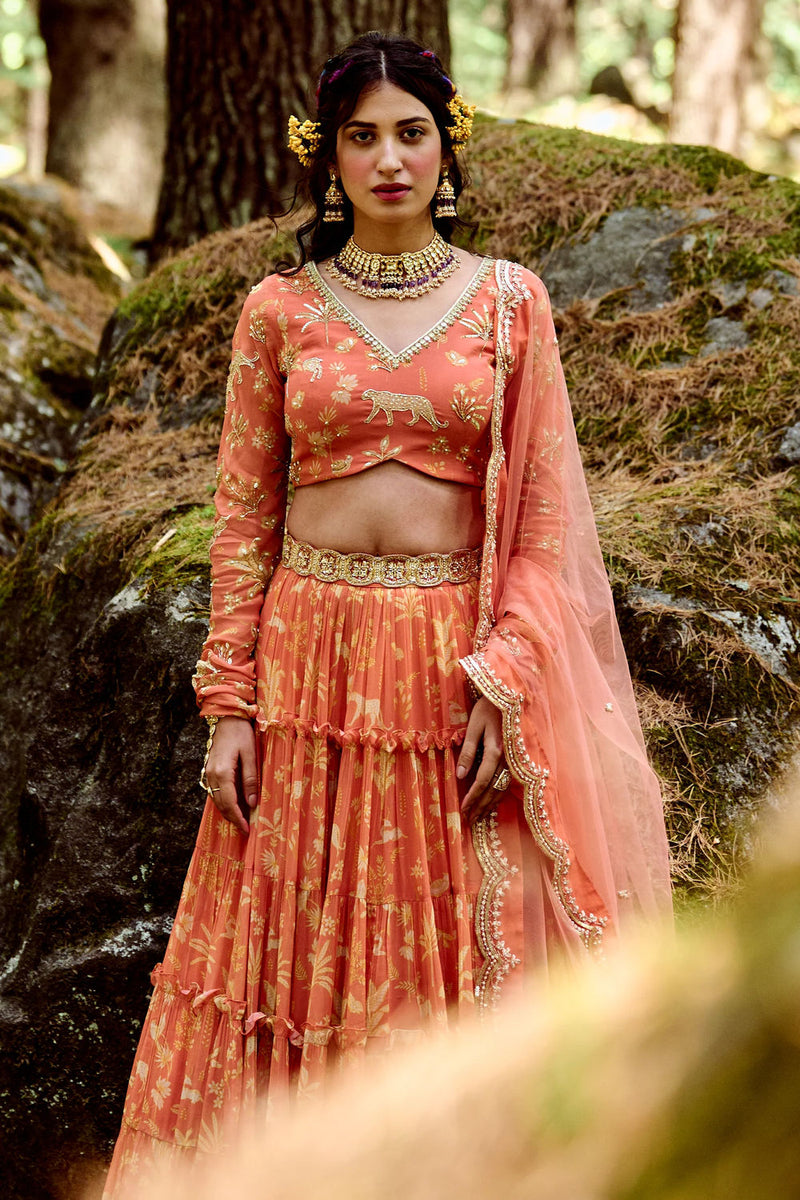 Lunar Lehenga Set georgettte by Paulmi & Harsh-kahan Sep'26 in orange for women Worldwide