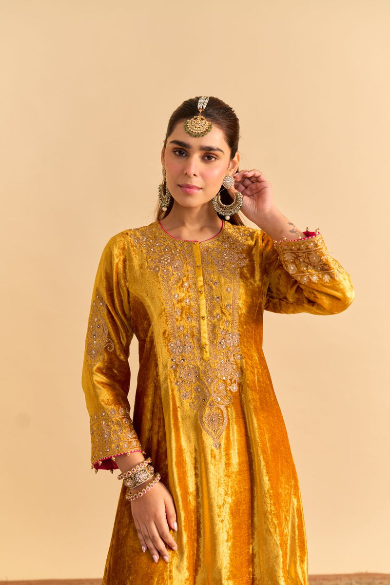 Laiba - Mustard A-line Kurta with Dhoti and Dupatta silk by SHEETAL BATRA in mustard color for women Worldwide