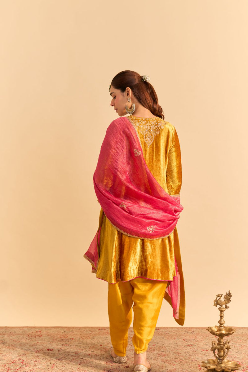 Laiba - Mustard A-line Kurta with Dhoti and Dupatta silk by SHEETAL BATRA in mustard color for women Worldwide