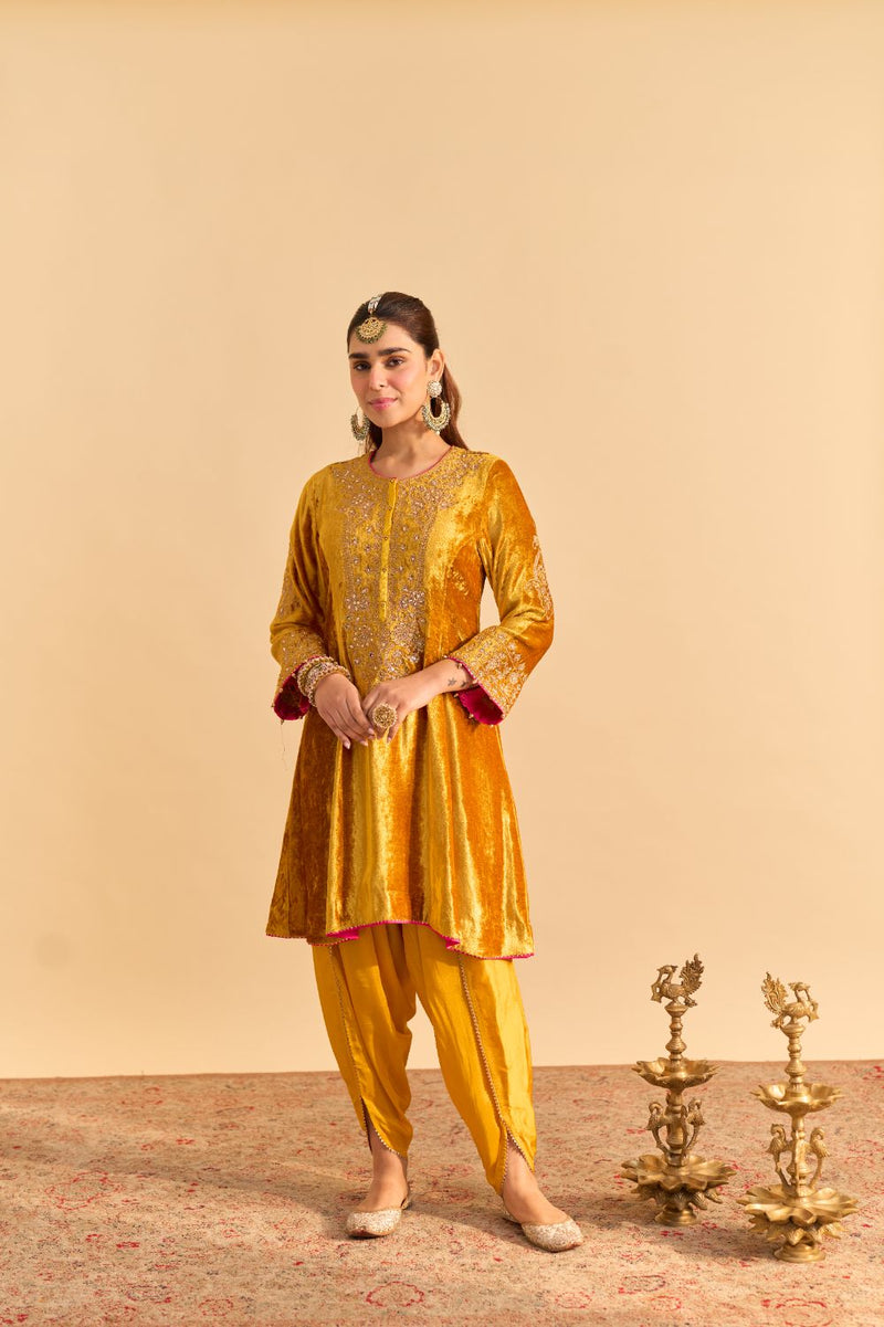 Laiba - Mustard A-line Kurta with Dhoti and Dupatta silk by SHEETAL BATRA in mustard color for women Worldwide
