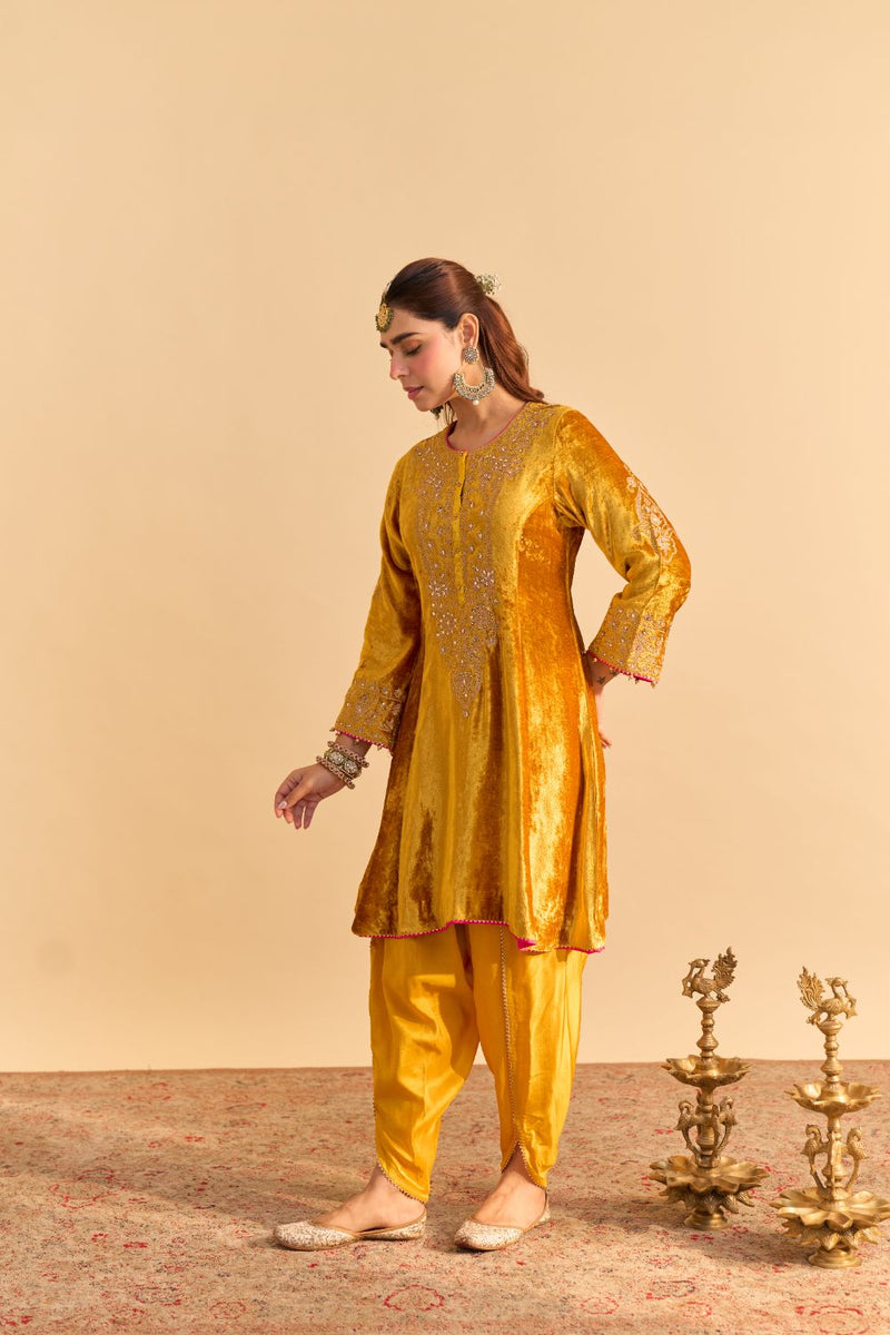 Laiba - Mustard A-line Kurta with Dhoti and Dupatta silk by SHEETAL BATRA in mustard color for women Worldwide