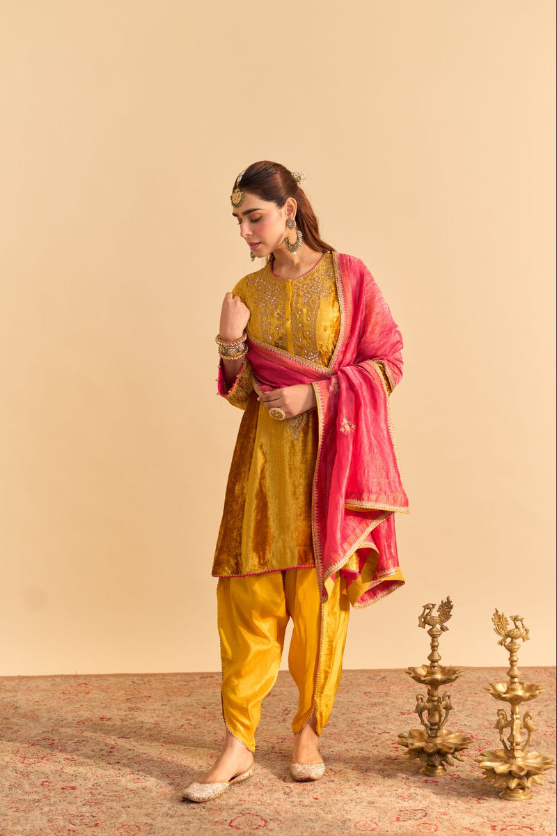 Laiba - Mustard A-line Kurta with Dhoti and Dupatta silk by SHEETAL BATRA in mustard color for women Worldwide