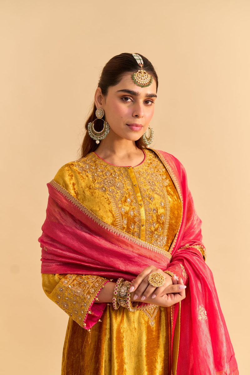Laiba - Mustard A-line Kurta with Dhoti and Dupatta silk by SHEETAL BATRA in mustard color for women Worldwide