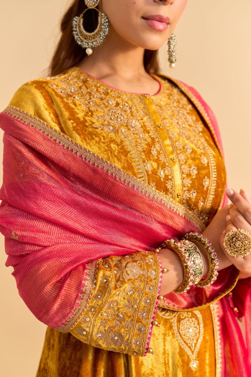 Laiba - Mustard A-line Kurta with Dhoti and Dupatta silk by SHEETAL BATRA in mustard color for women Worldwide