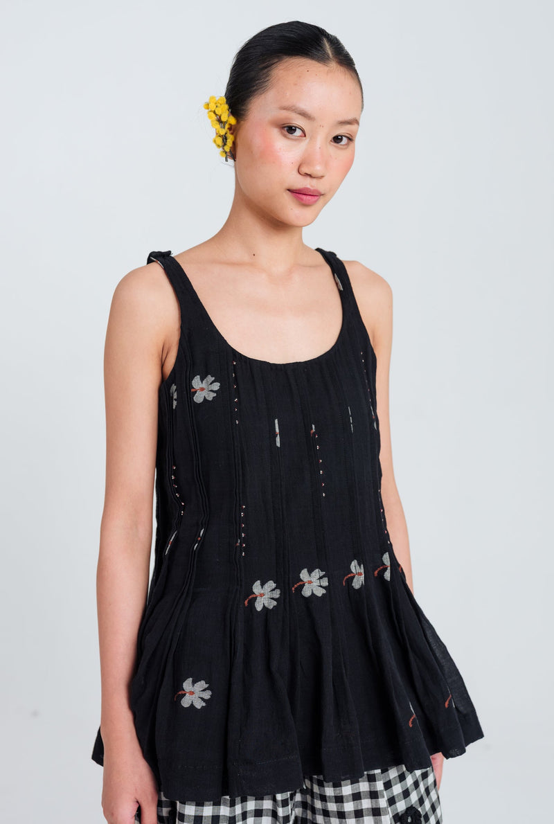 Leap Jamdani Pleated Top jamdani top/shirt by JodiLife in black for women Worldwide