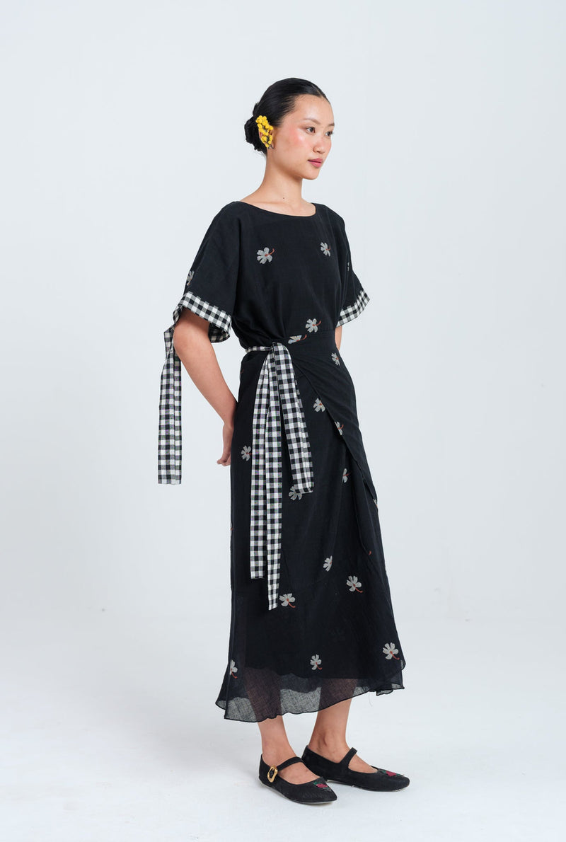 Leap Jamdani Tie-Up Dress jamdani dress by JodiLife in black for women Worldwide