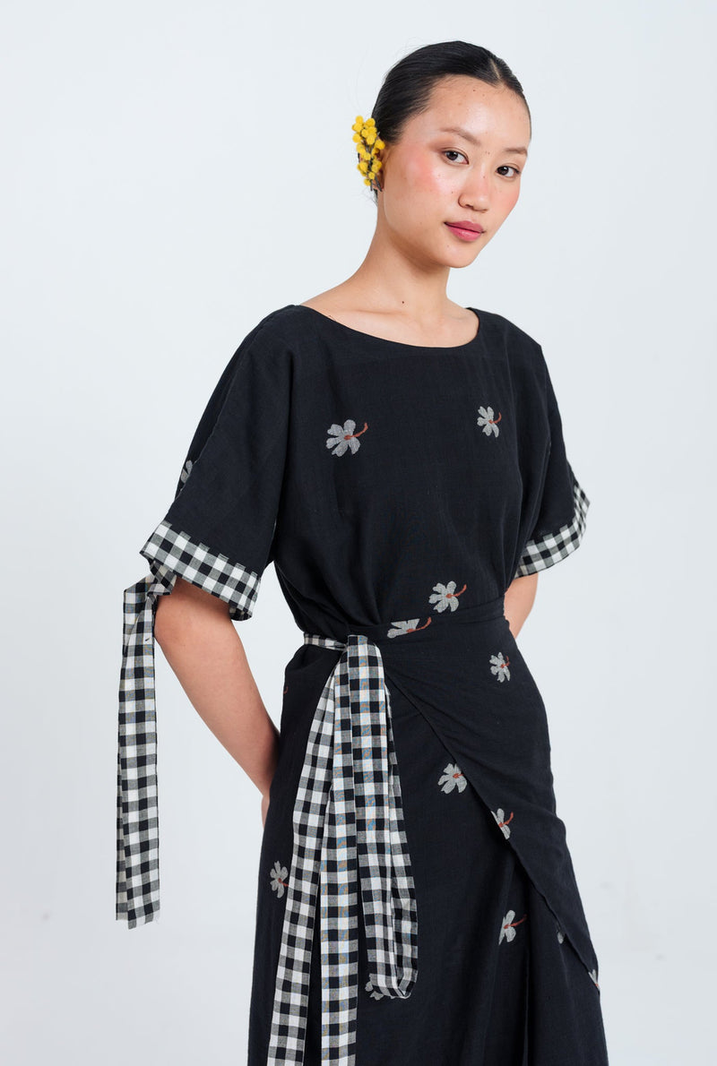 Leap Jamdani Tie-Up Dress jamdani dress by JodiLife in black for women Worldwide