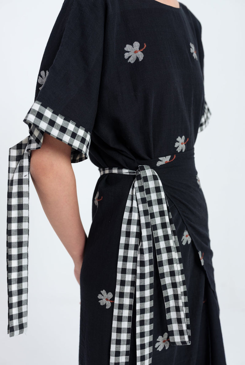 Leap Jamdani Tie-Up Dress jamdani dress by JodiLife in black for women Worldwide