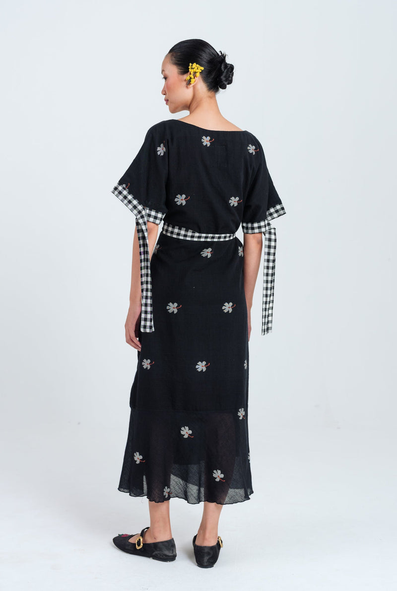 Leap Jamdani Tie-Up Dress jamdani dress by JodiLife in black for women Worldwide