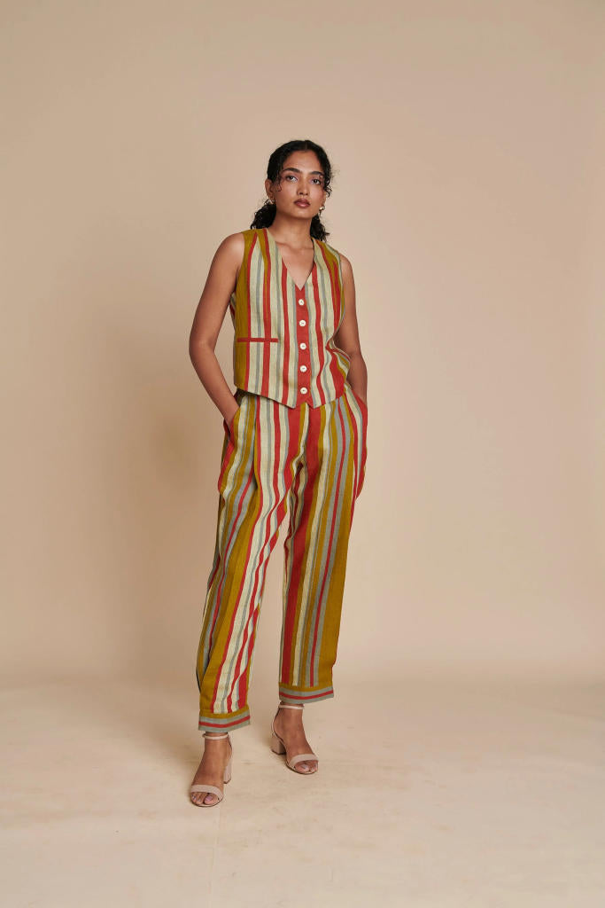 Leher Linen Side Pleated Pants linen by Saphed in multi color for women Worldwide