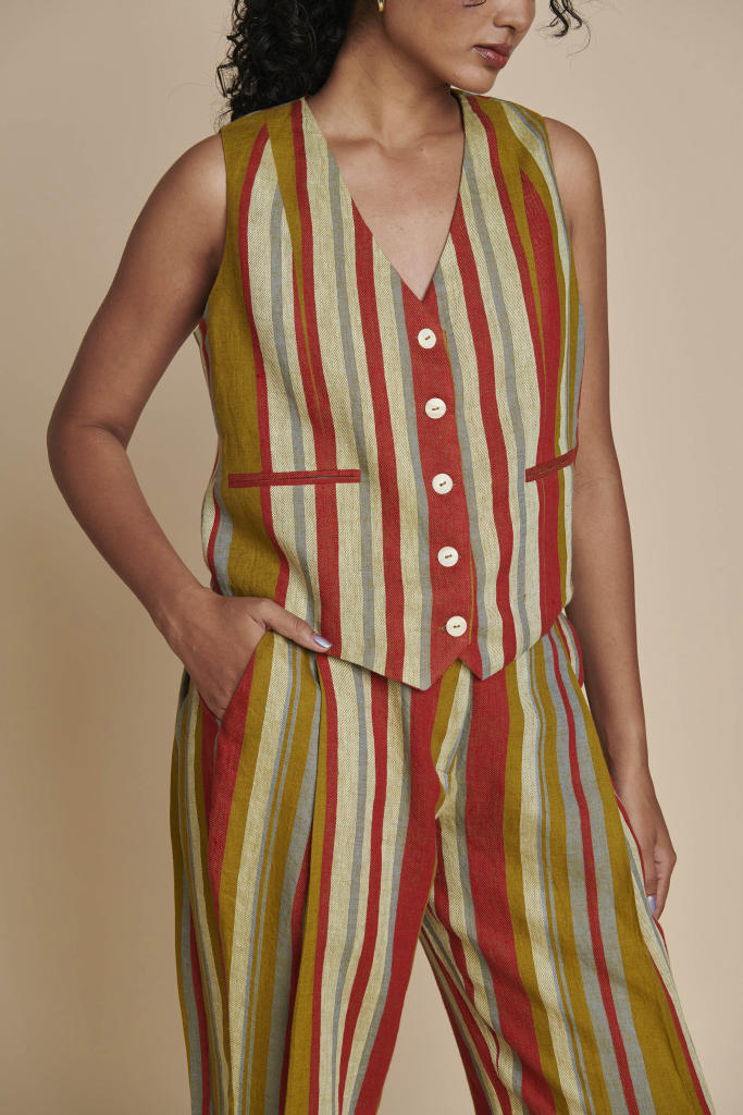 Leher Linen Waist Coat Set linen by Saphed in multi color for women Worldwide