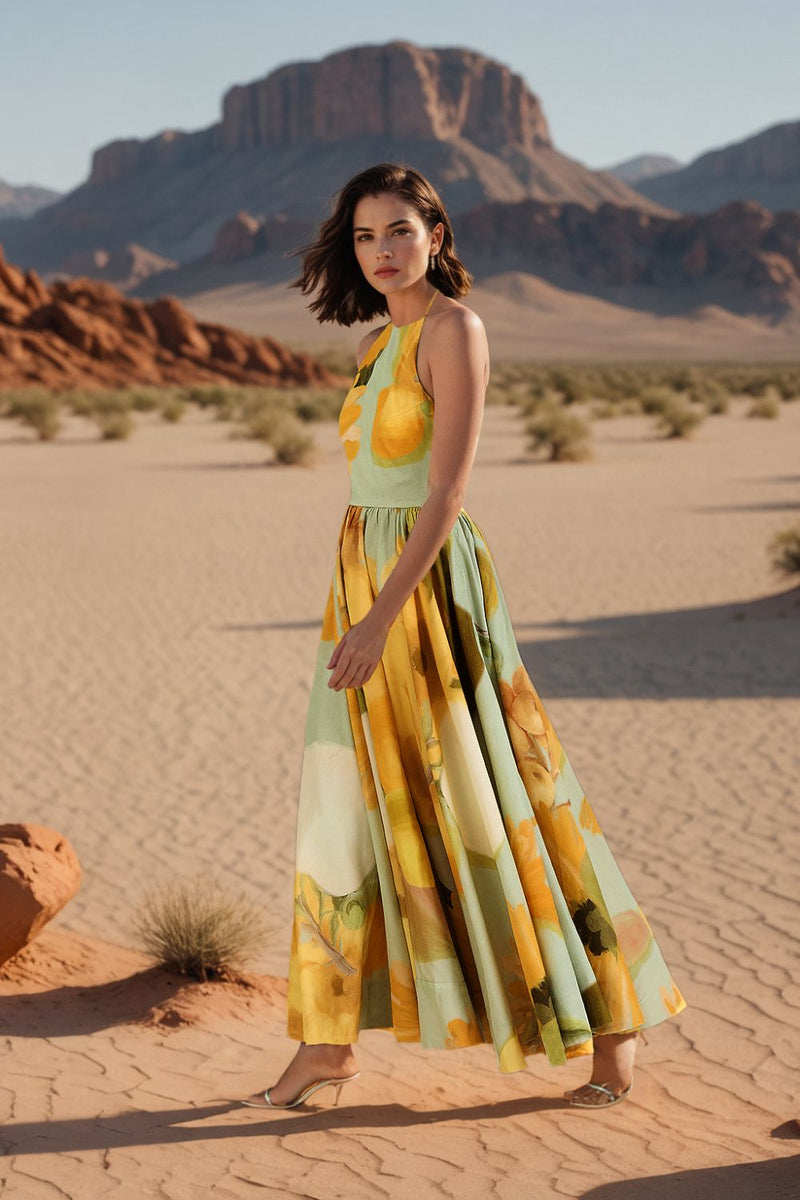 LEMONADE HALTER NECK DRESS satin by Yam in yellow color for women Worldwide