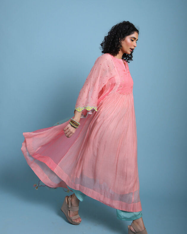 Life in Pink Organza Anarkali chanderi by Rajiramniq in pink color for women Worldwide