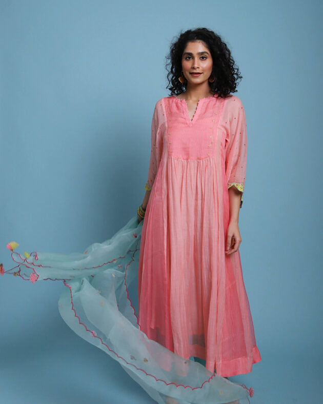 Life in Pink Organza Anarkali chanderi by Rajiramniq in pink color for women Worldwide