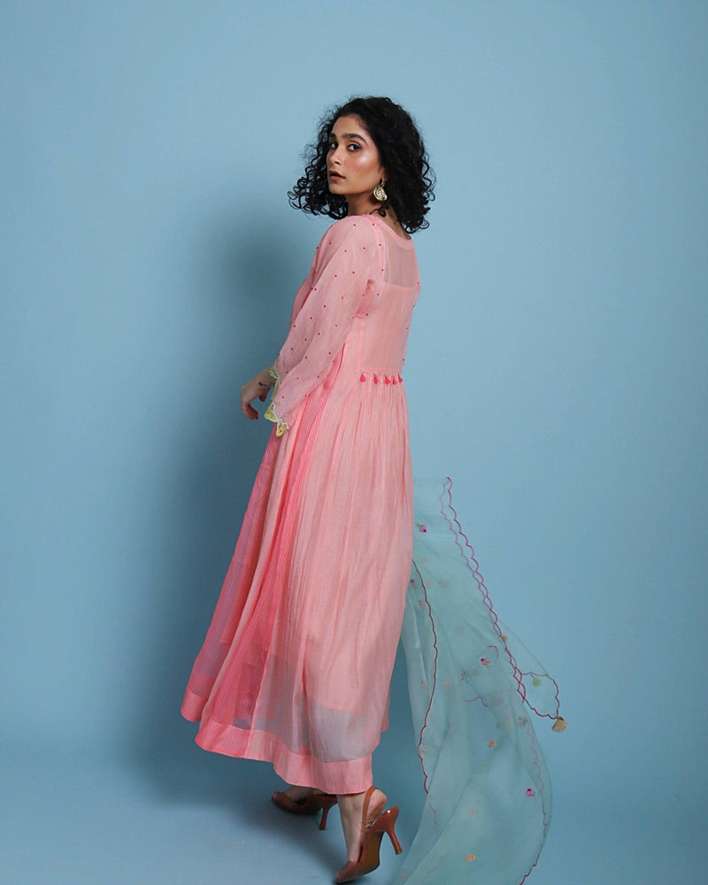 Life in Pink Organza Anarkali chanderi by Rajiramniq in pink color for women Worldwide