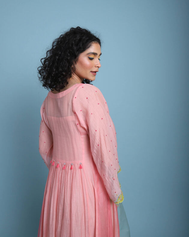 Life in Pink Organza Anarkali chanderi by Rajiramniq in pink color for women Worldwide