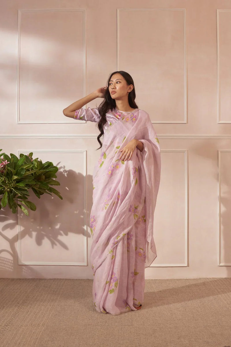 Lilac Jarul Linen Sari by Nadiya Paar for women Worldwide