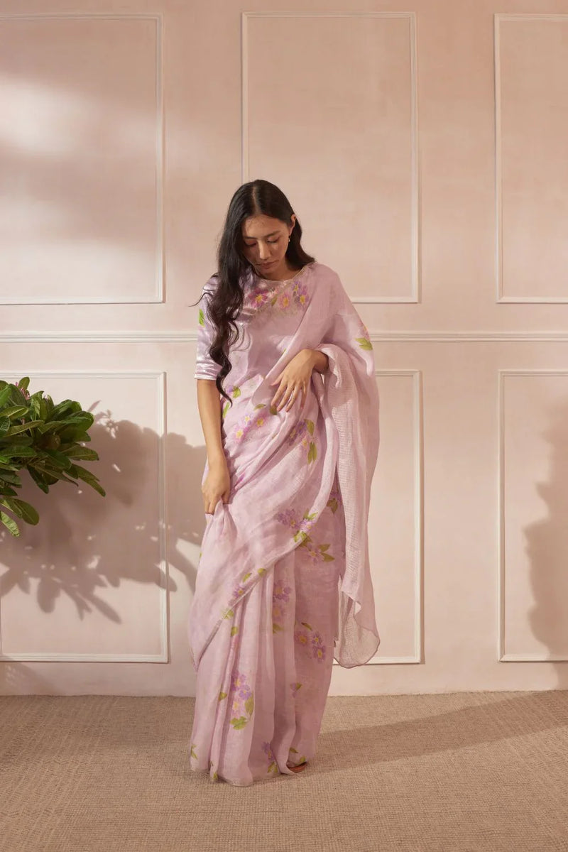 Lilac Jarul Linen Sari by Nadiya Paar for women Worldwide