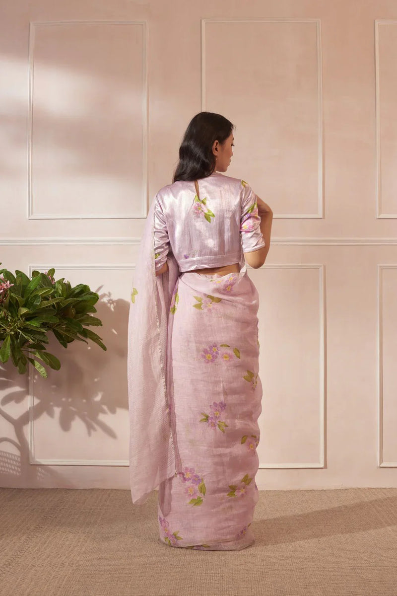 Lilac Jarul Linen Sari by Nadiya Paar for women Worldwide