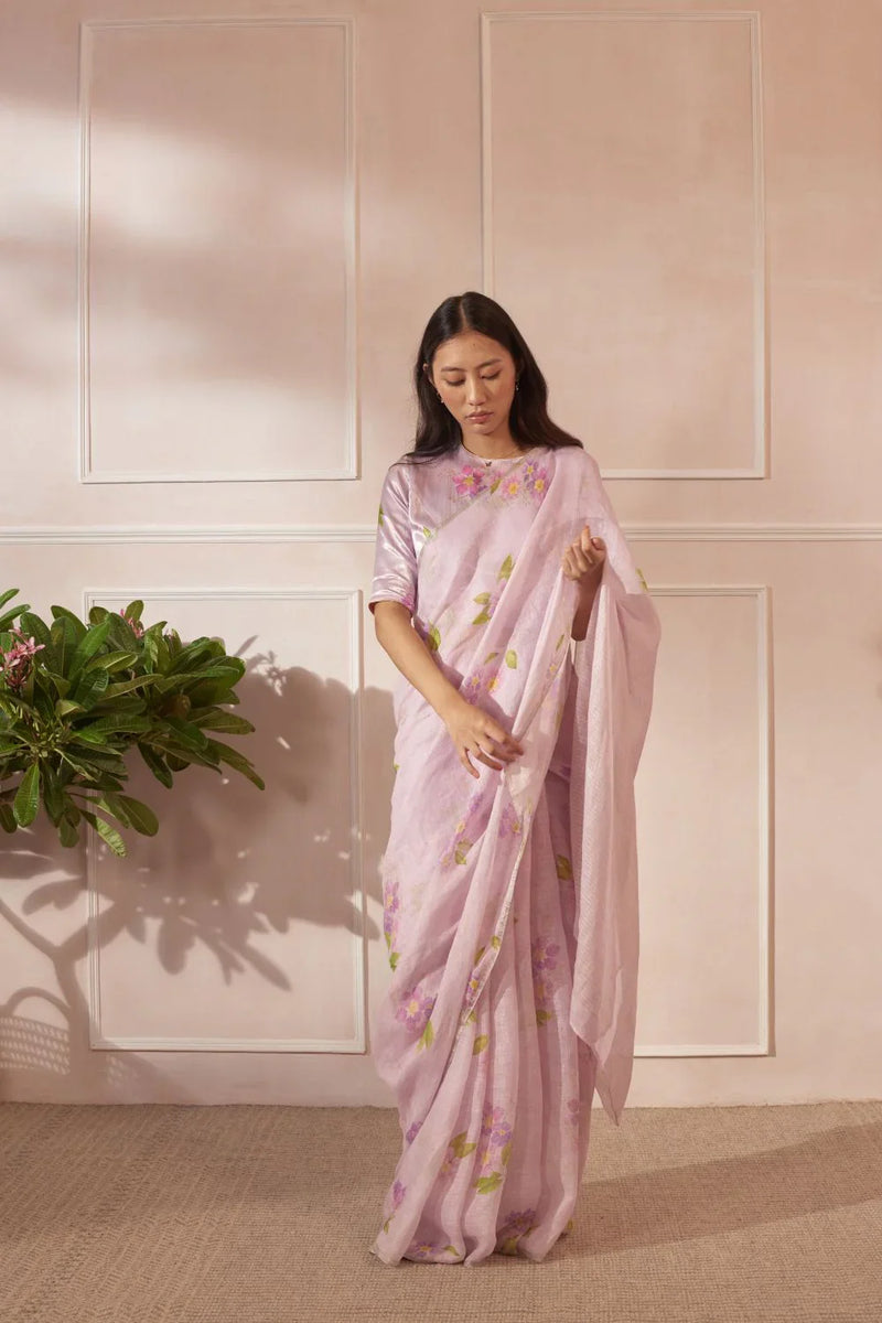 Lilac Jarul Linen Sari by Nadiya Paar for women Worldwide