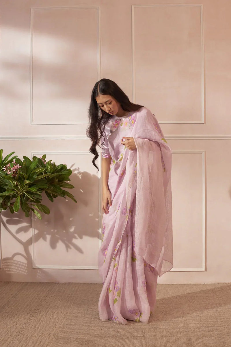 Lilac Jarul Linen Sari by Nadiya Paar for women Worldwide