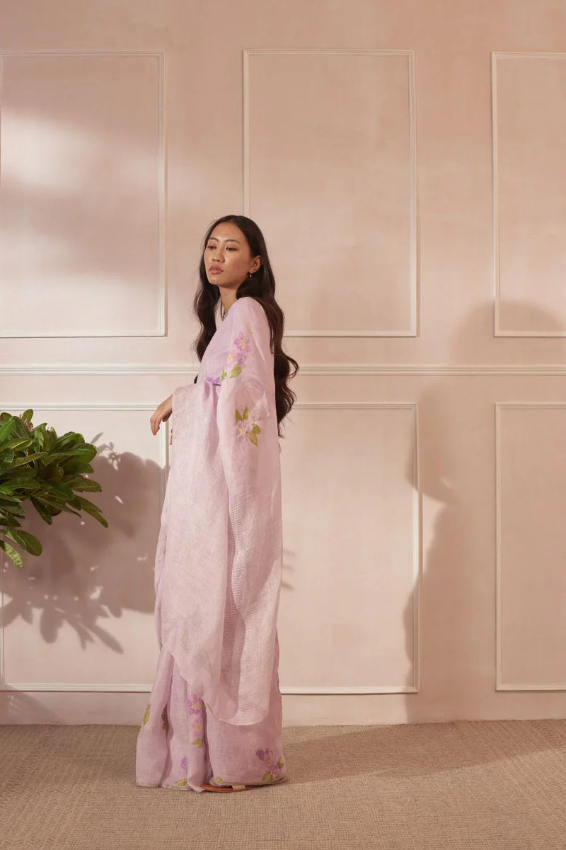 Lilac Jarul Linen Sari by Nadiya Paar for women Worldwide