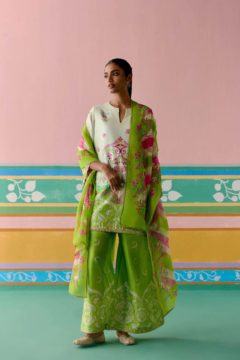 Lime Green Paisley Kurta Set chanderi by Label Mogra in green color for women Worldwide