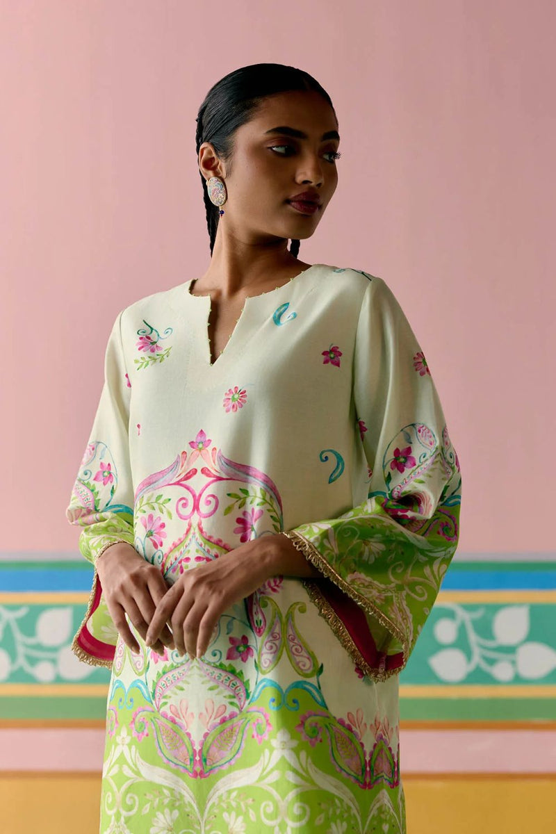 Lime Green Paisley Kurta Set chanderi by Label Mogra in green color for women Worldwide