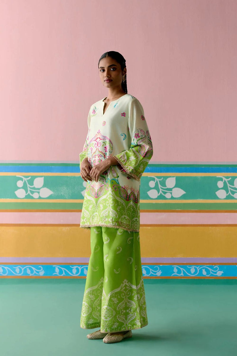 Lime Green Paisley Kurta Set chanderi by Label Mogra in green color for women Worldwide