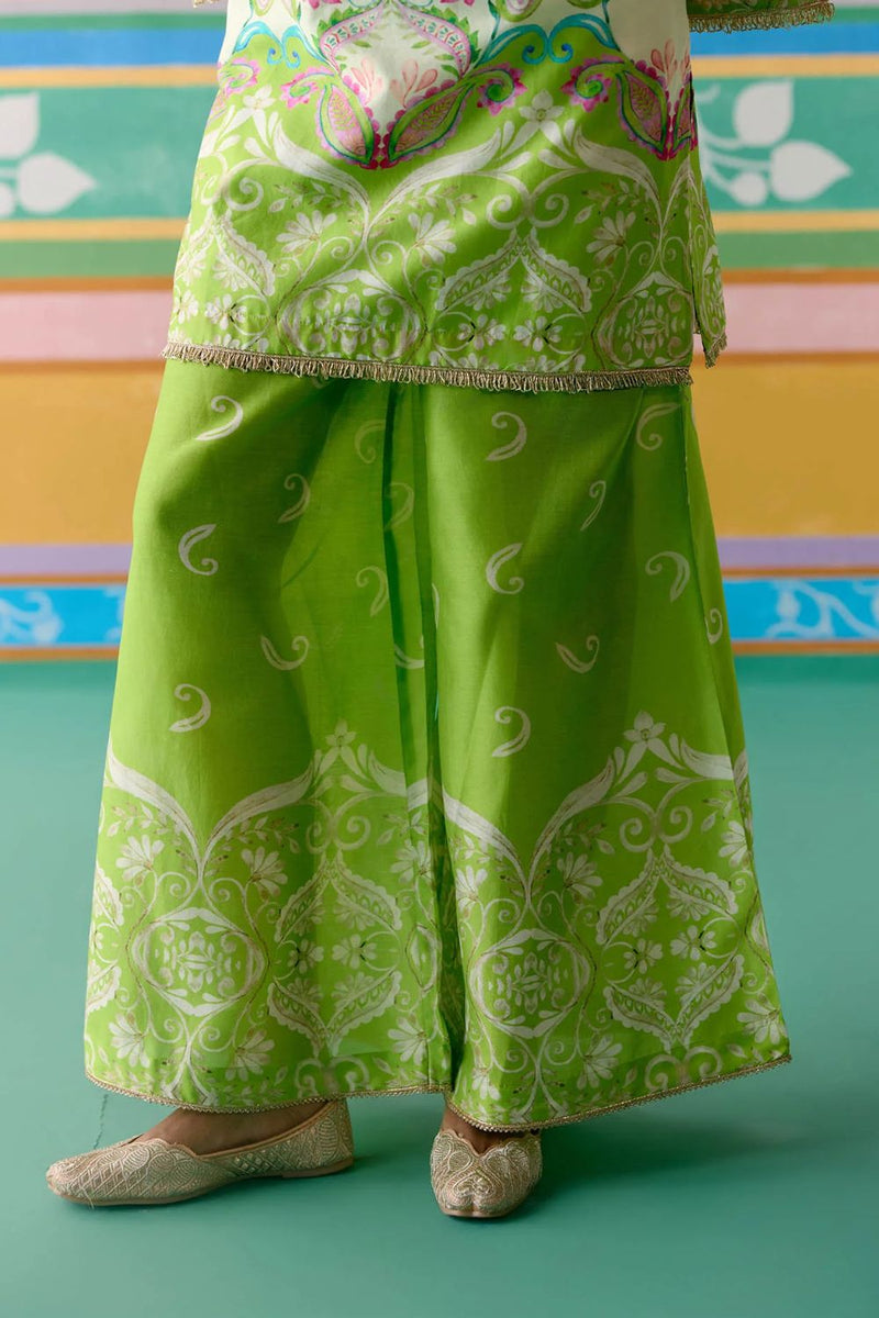 Lime Green Paisley Kurta Set chanderi by Label Mogra in green color for women Worldwide