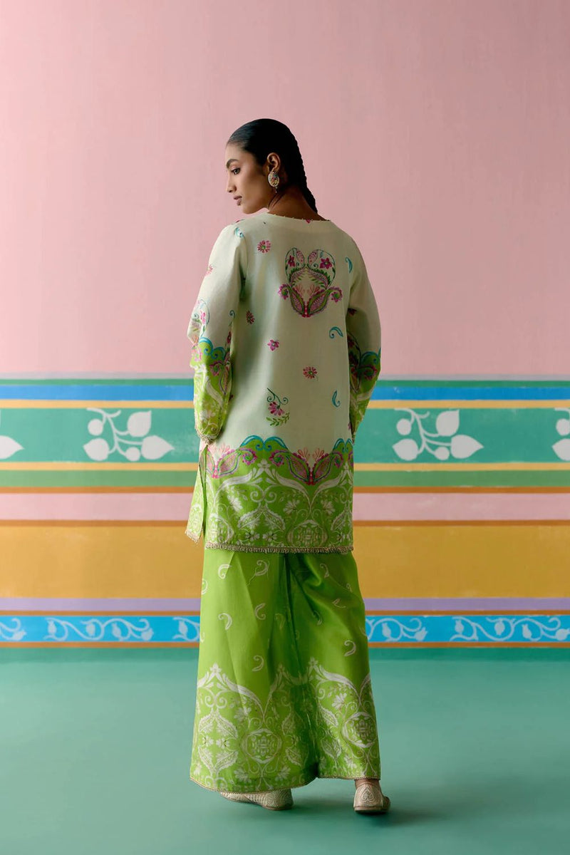Lime Green Paisley Kurta Set chanderi by Label Mogra in green color for women Worldwide