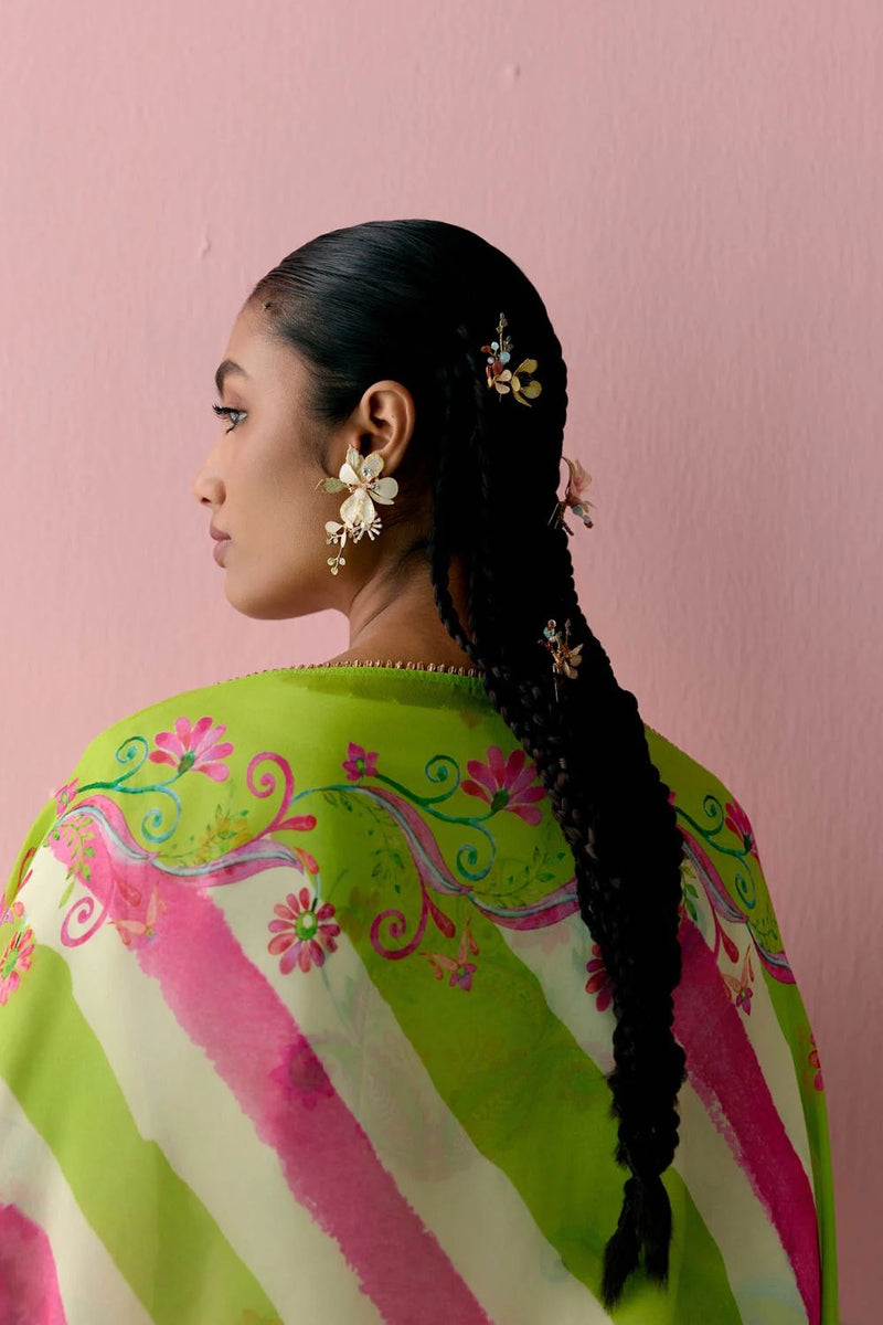 Lime Green Paisley Kurta Set chanderi by Label Mogra in green color for women Worldwide