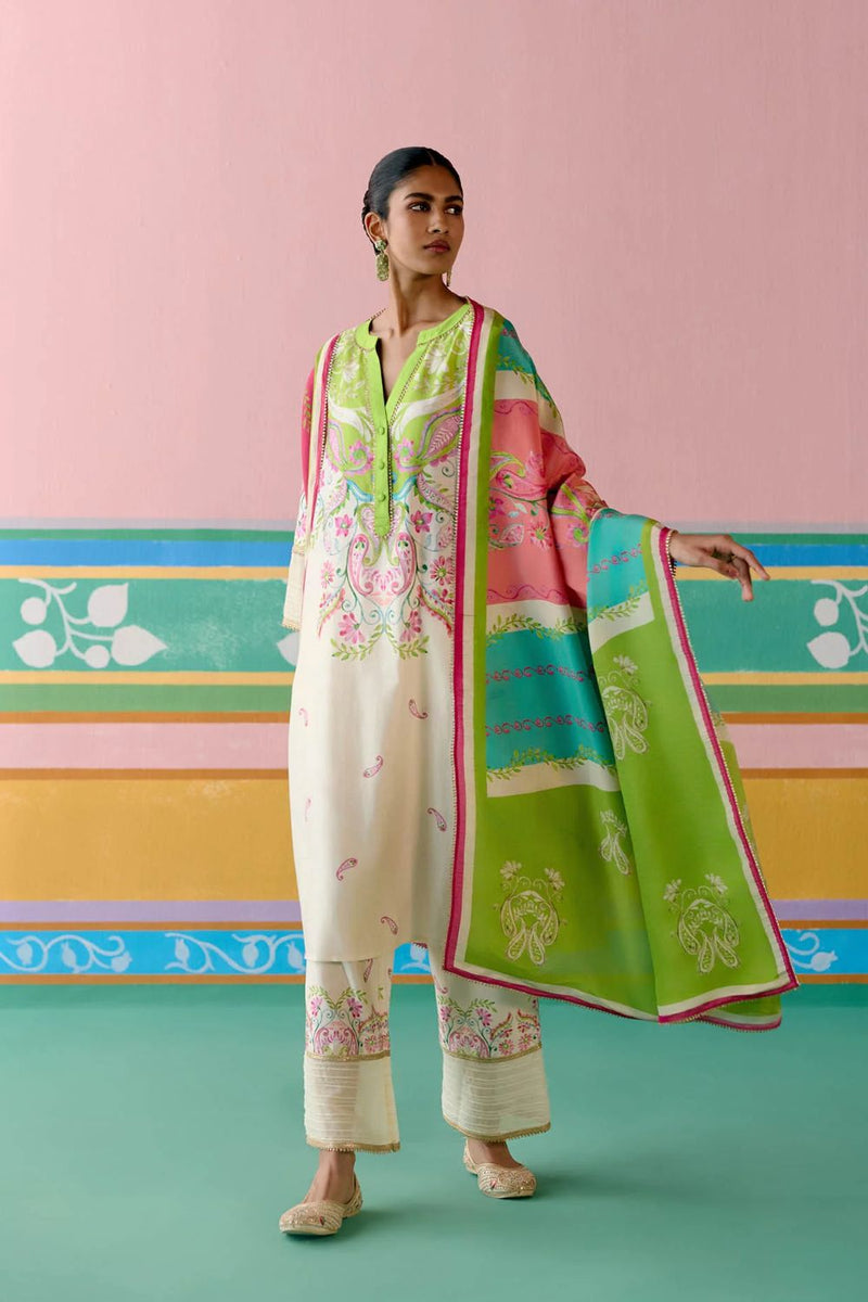 Lime Green Paisley V-neck Kurta Set chanderi by Label Mogra in green color for women Worldwide