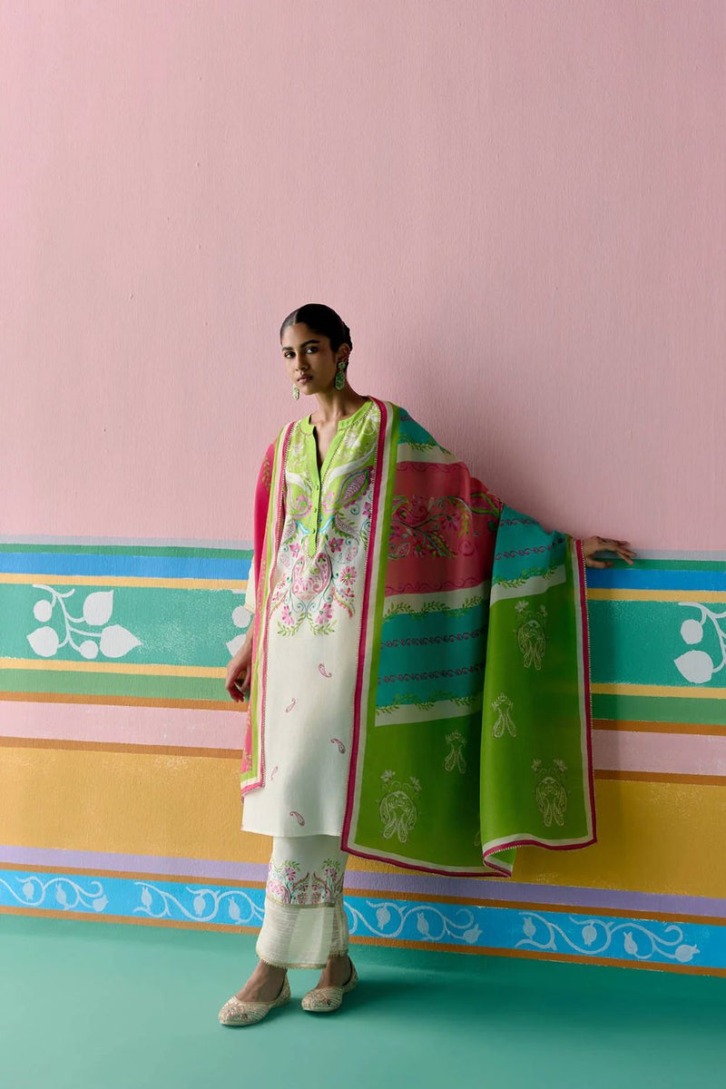 Lime Green Paisley V-neck Kurta Set chanderi by Label Mogra in green color for women Worldwide