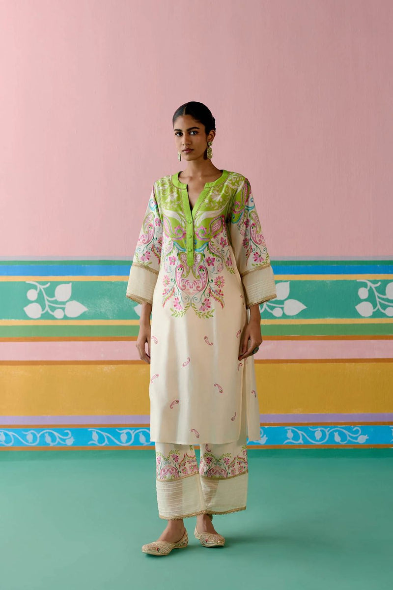 Lime Green Paisley V-neck Kurta Set chanderi by Label Mogra in green color for women Worldwide