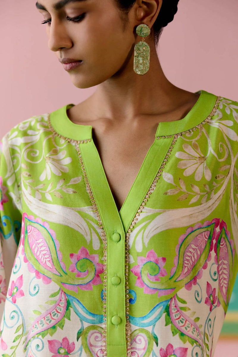 Lime Green Paisley V-neck Kurta Set chanderi by Label Mogra in green color for women Worldwide