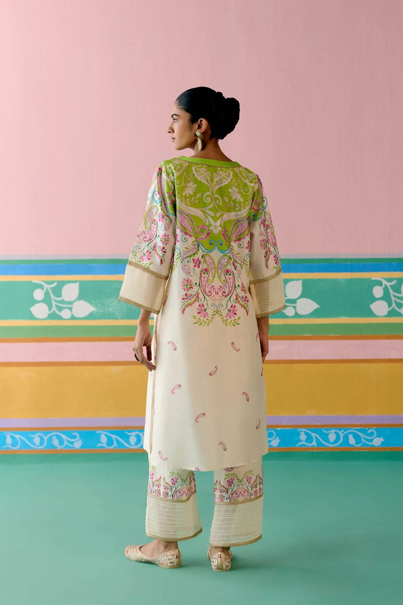 Lime Green Paisley V-neck Kurta Set chanderi by Label Mogra in green color for women Worldwide